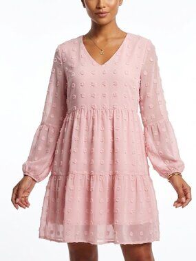 BELONGSCI Pink Coquette Swiss Dot Tiered Mini Dress Bell Sleeve M